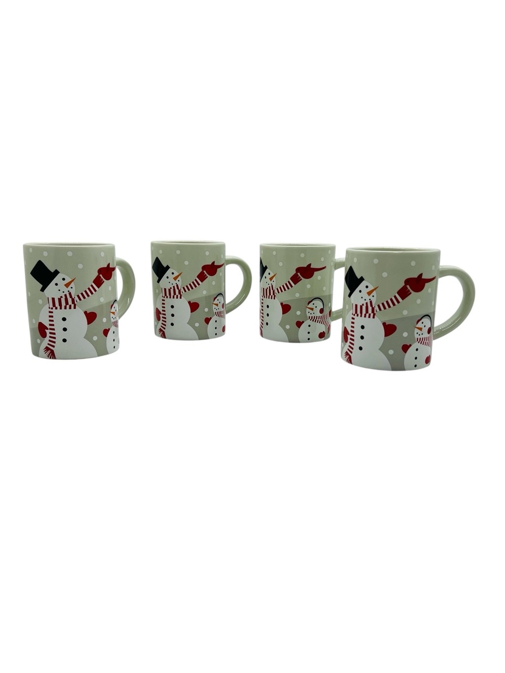 Crate&Barrel Sage Green Snowman Mug Set of 4 with Red Accents